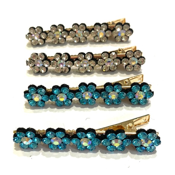 Hair Clips Clear And Blue Rhinestone Flowers Gold Tone Set Of 4 - Picture 3 of 4